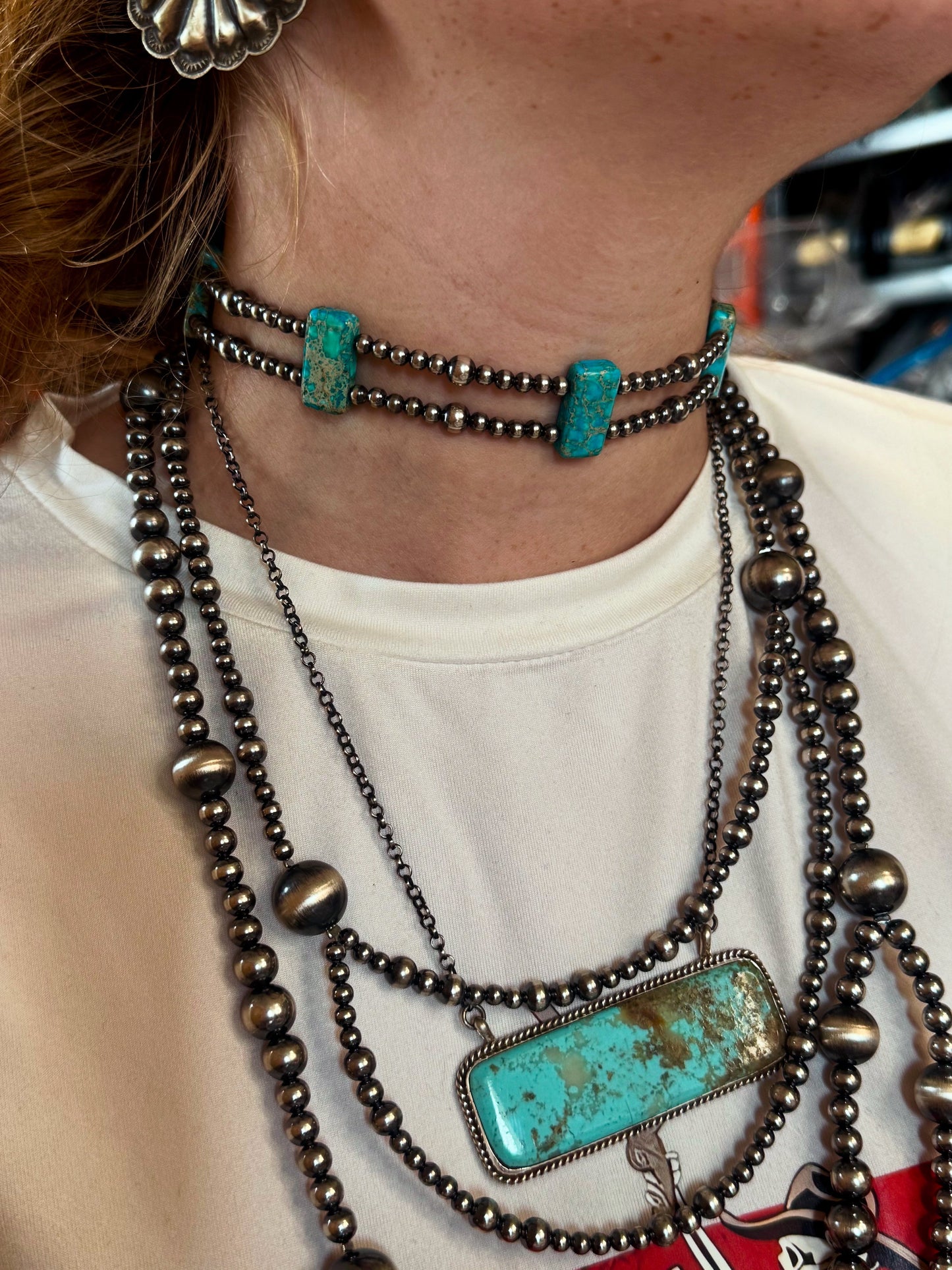 *NO CODES* Green/Blue Double Strand Necklace – 13” Beaded – Sterling Silver Pearls & Rectangle Variscite Turquoise