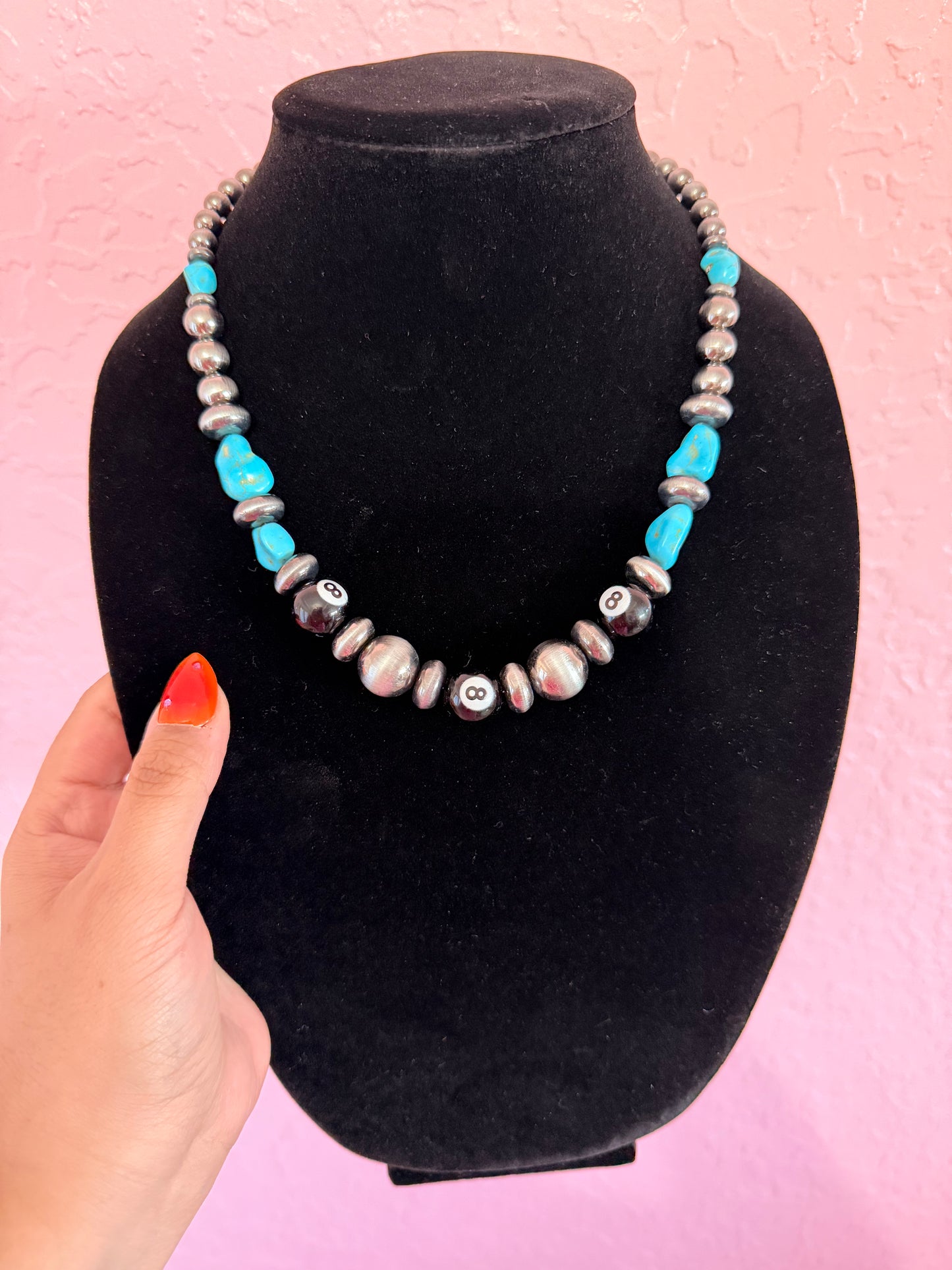 Midnight Eight Turquoise & Silver Beaded Necklace