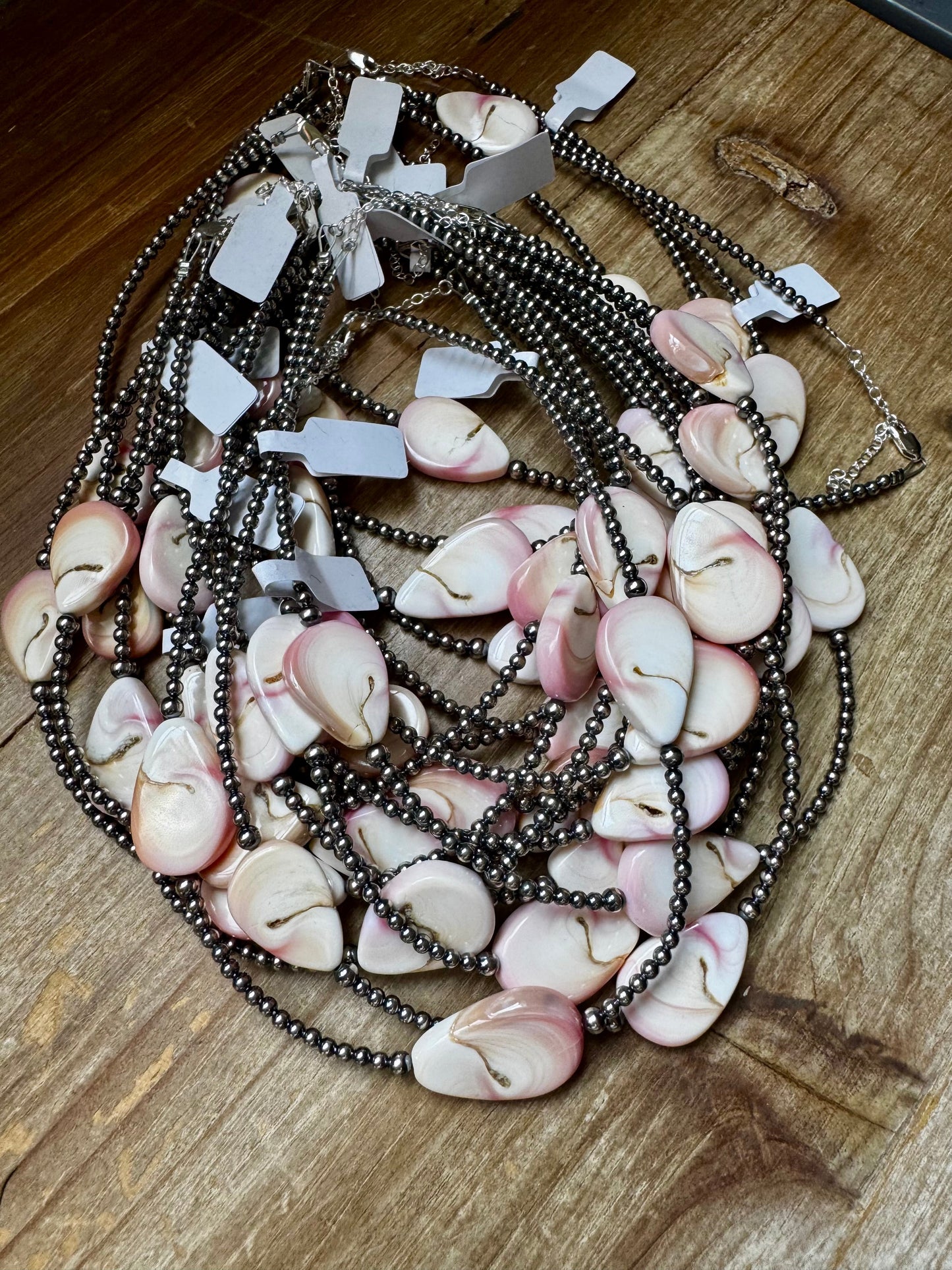 Sterling Silver Choker – 3 Flat Pink Conch Teardrops – 14.5" Approx.