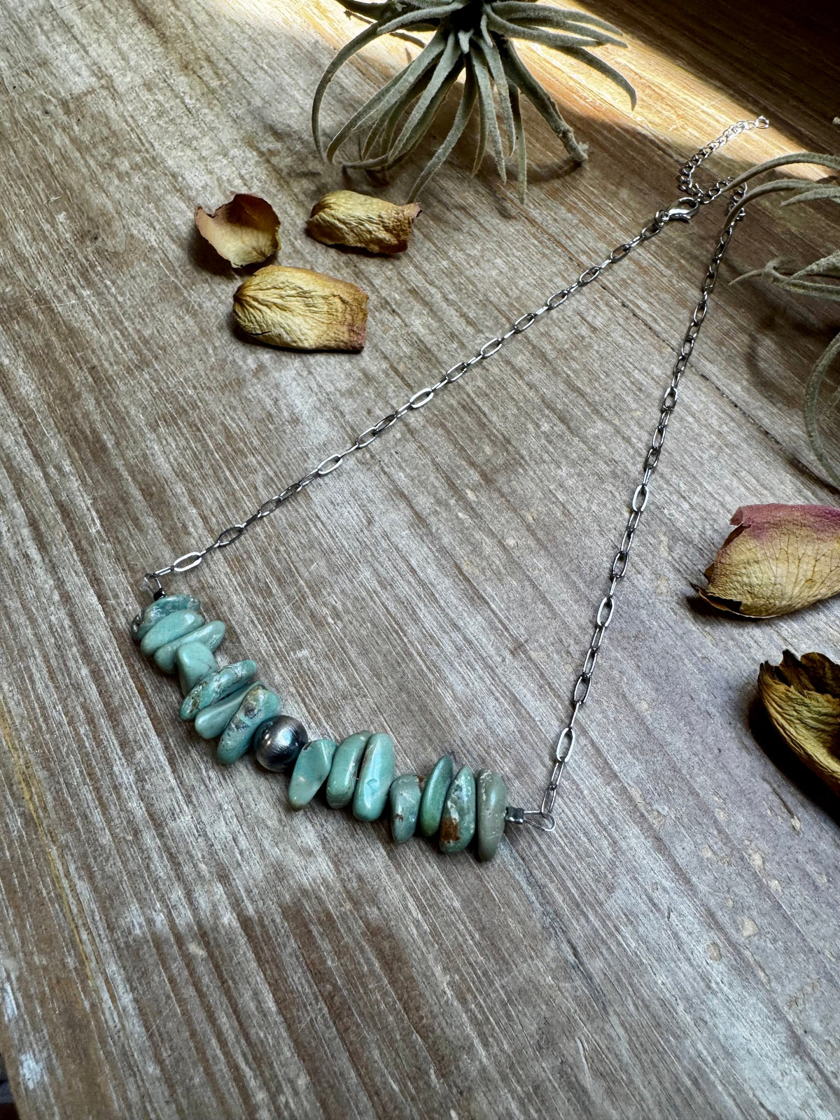 Green Turquoise Chip Necklace – Sterling Silver Pearl Accent – Paperclip Chain