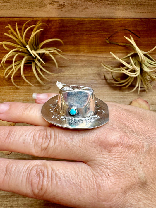 *NO CODES* Adjustable Cowboy Hat Ring – Kingman Turquoise – Sterling Silver – Navajo Handmade by Robby Manuelito – USA