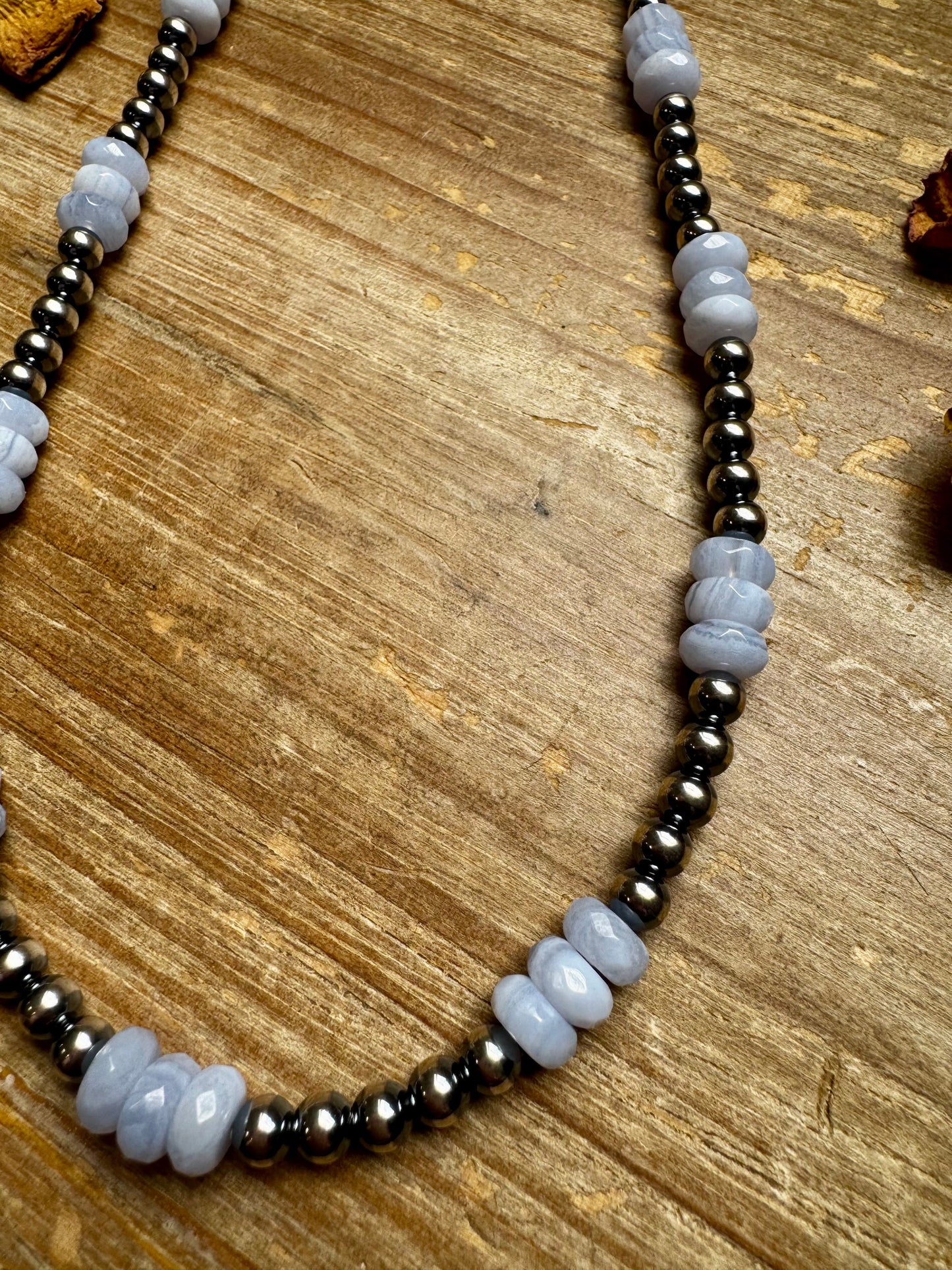 Blue Lace Agate & Sterling Silver Pearl Necklace – 20 ½” Plus Extender