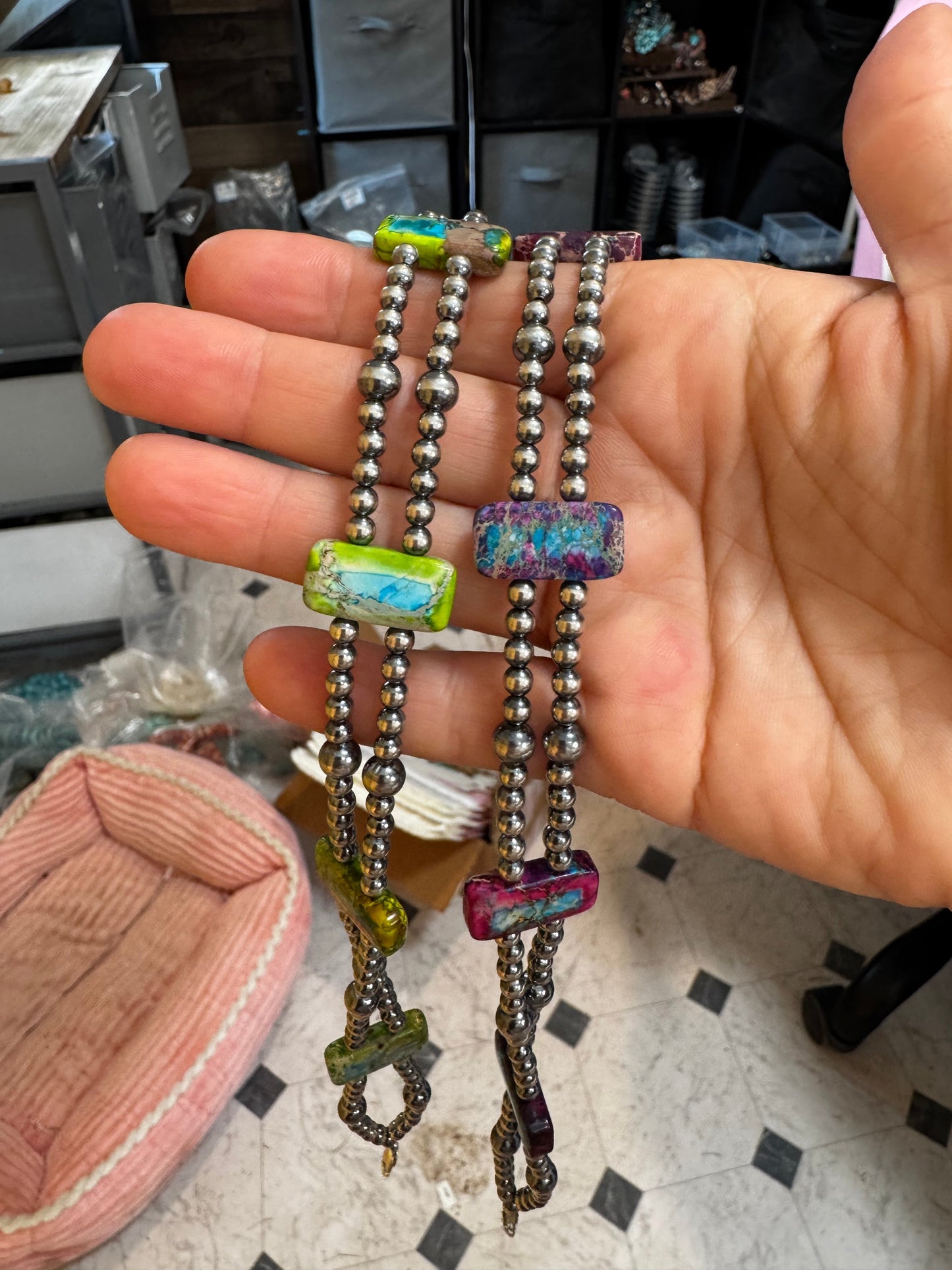 *NO CODES* Green/Blue Double Strand Necklace – 13” Beaded – Sterling Silver Pearls & Rectangle Variscite Turquoise