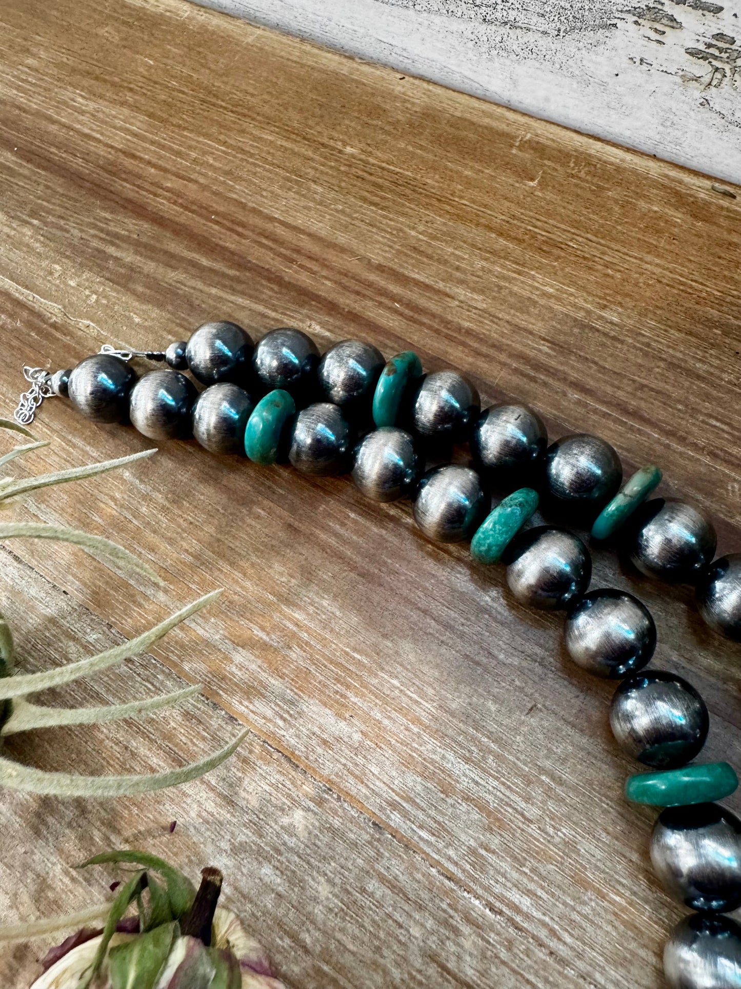 NFR Collection Necklace – 14mm Sterling Silver Pearls with 16mm Green Turquoise Rondelles –  28.5"