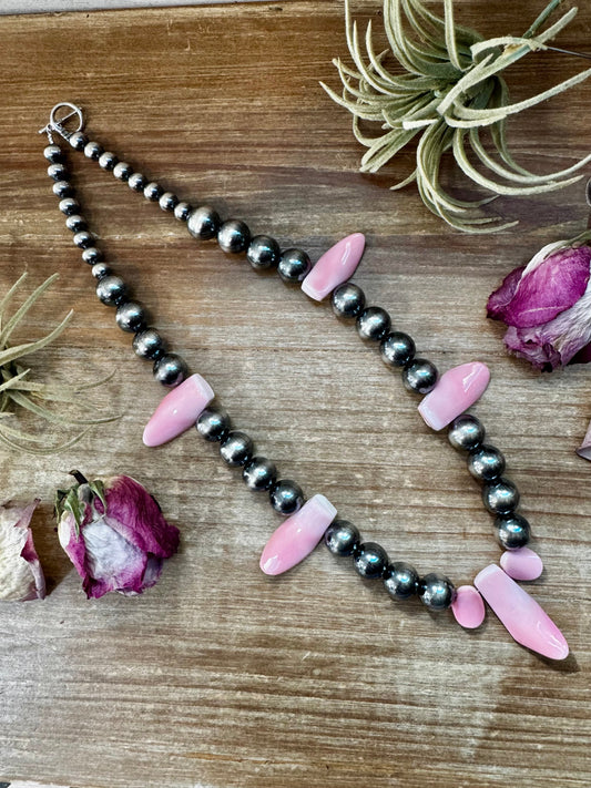 NFR Collection Necklace – 8mm & 14mm Sterling Silver Pearls with Pink Conch Shell – 23"