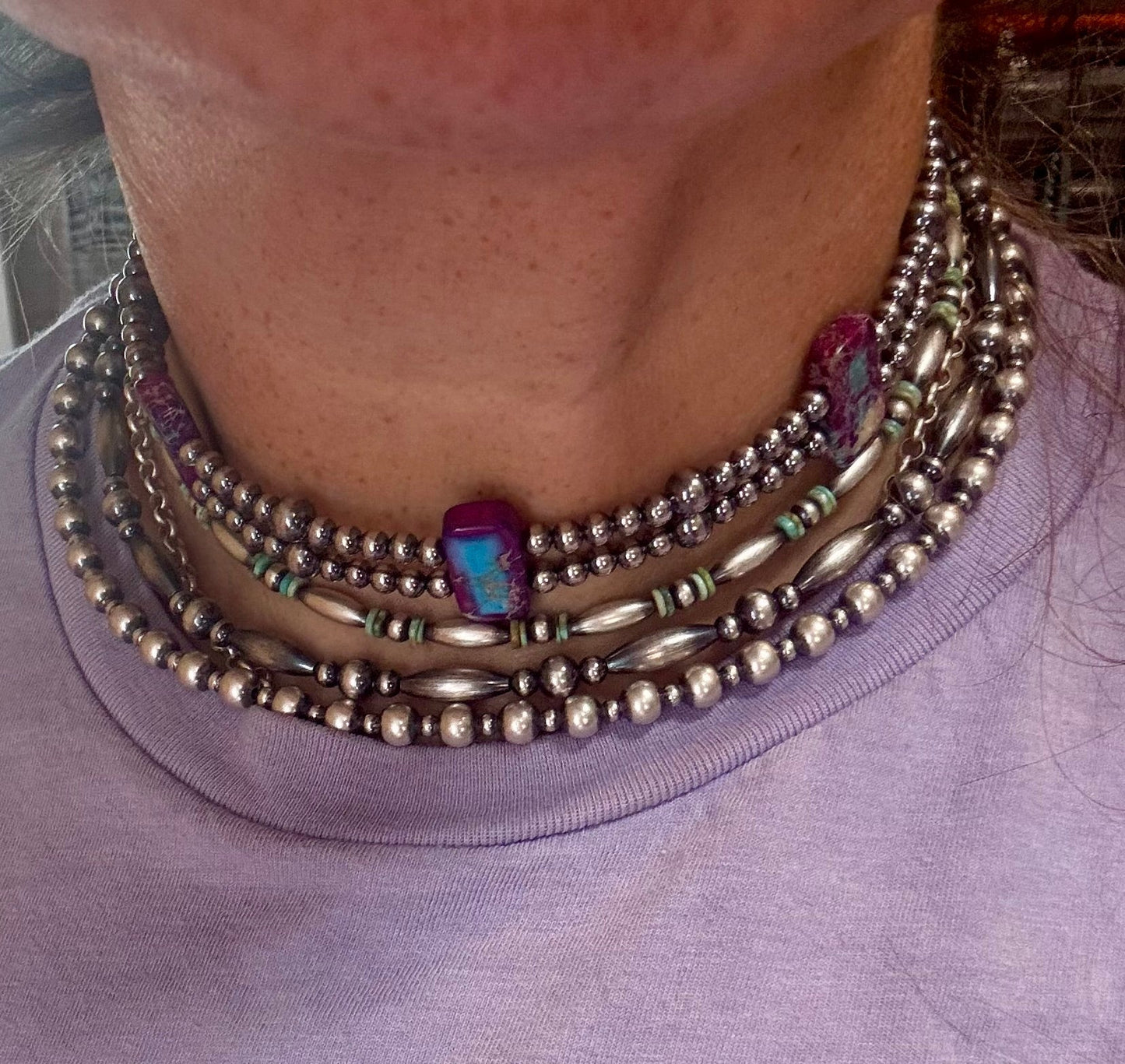 *NO CODES* Green/Blue Double Strand Necklace – 13” Beaded – Sterling Silver Pearls & Rectangle Variscite Turquoise