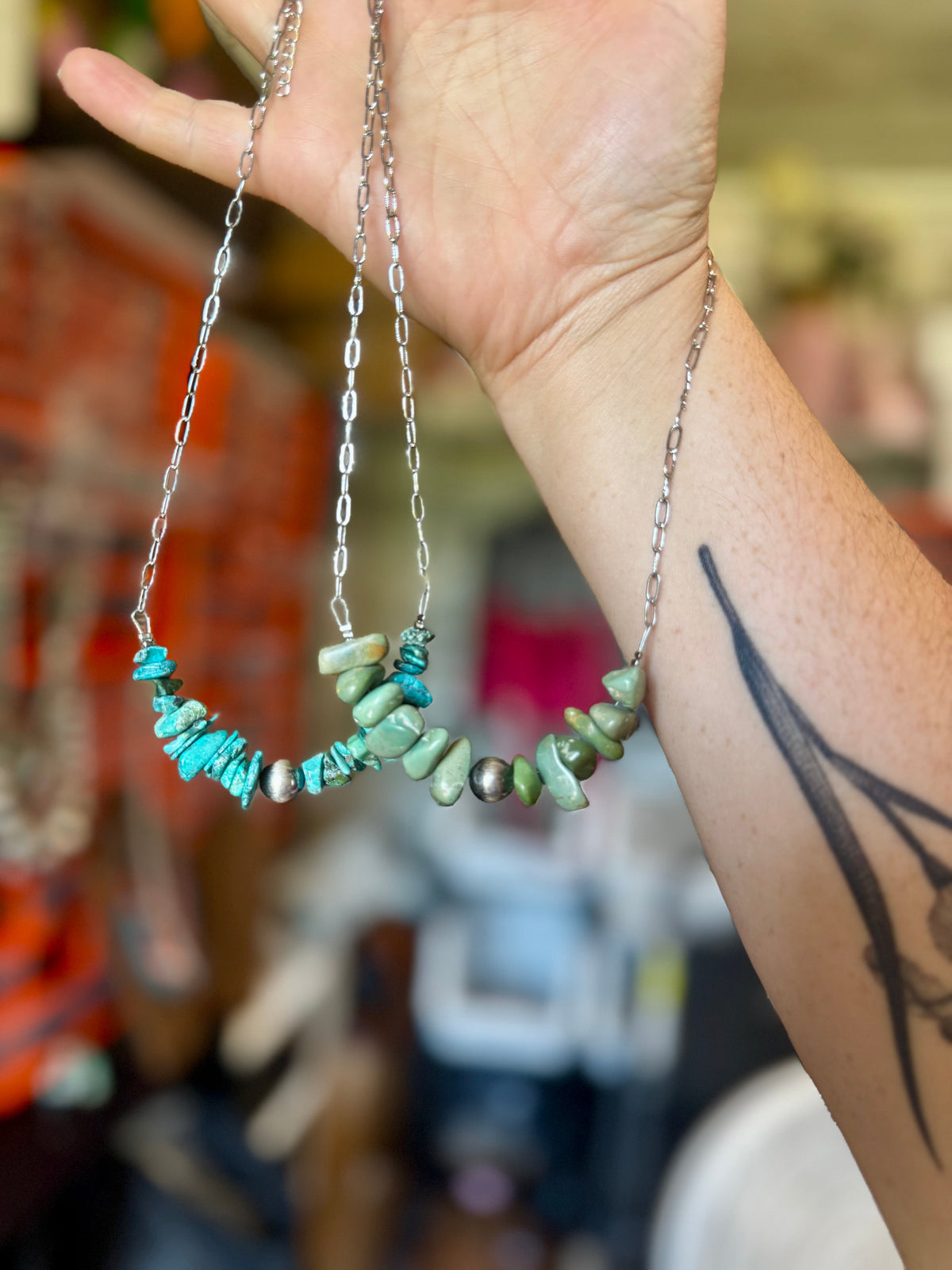 Green Turquoise Chip Necklace – Sterling Silver Pearl Accent – Paperclip Chain