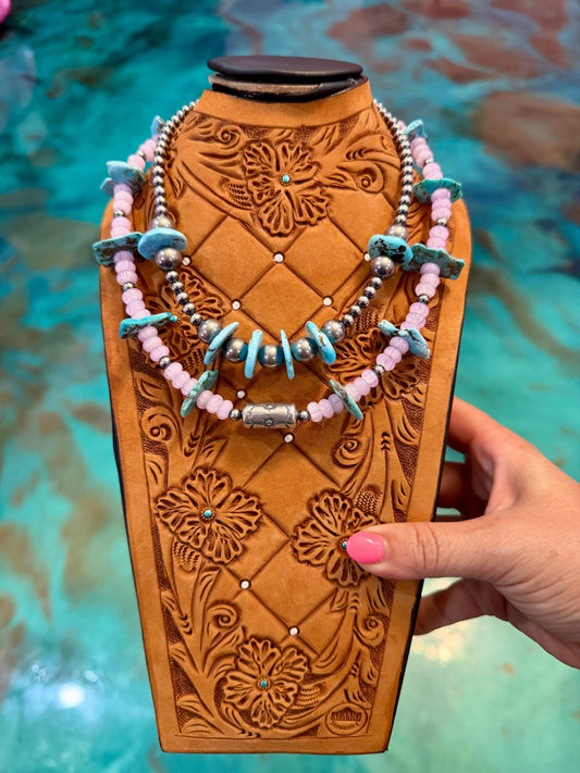 Jaci Stack – Blue Turquoise & Pink Glass Bead Necklaces