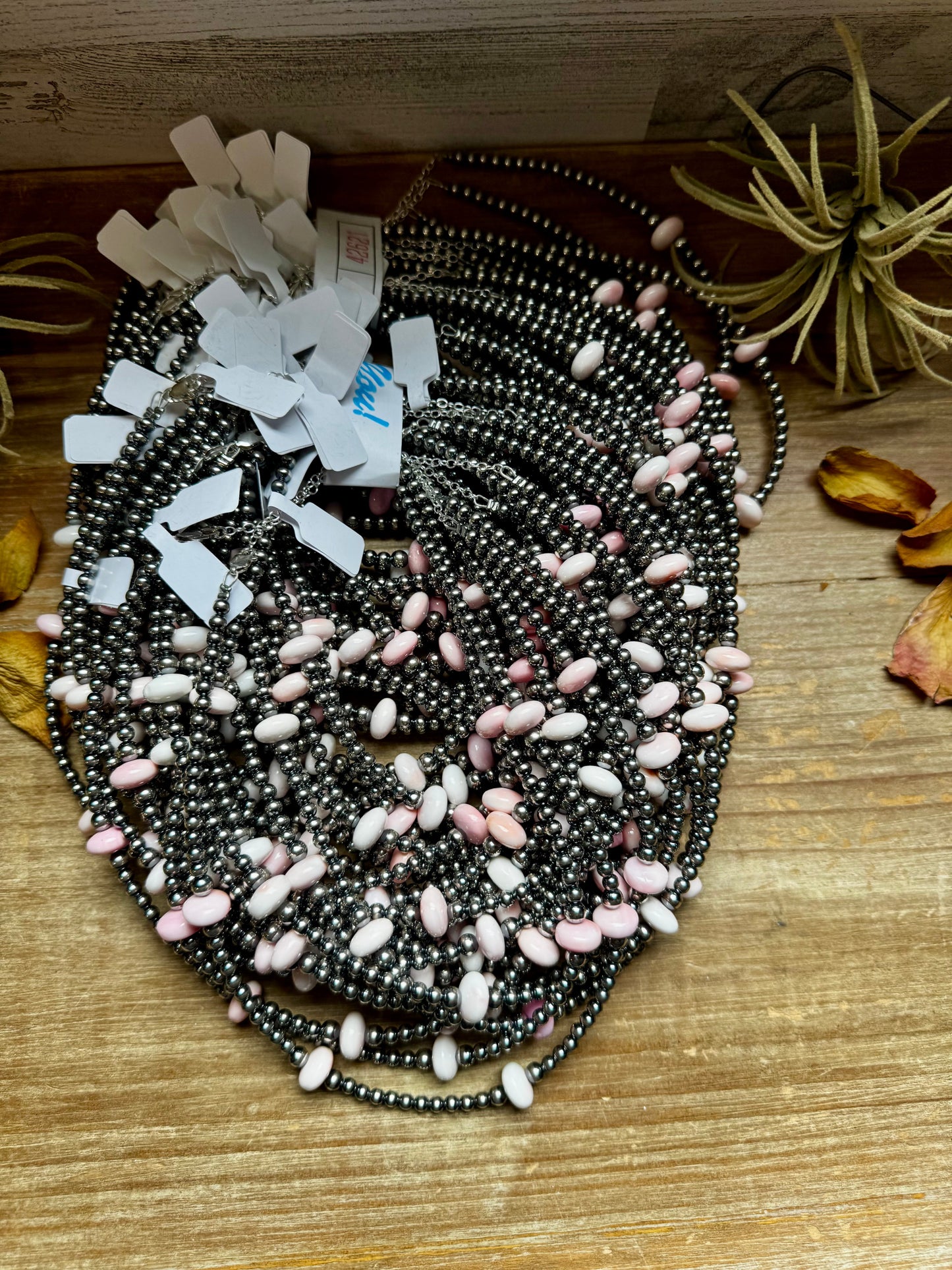 15 Inch Pink Conch Saucer Necklace and Sterling Silver Beads