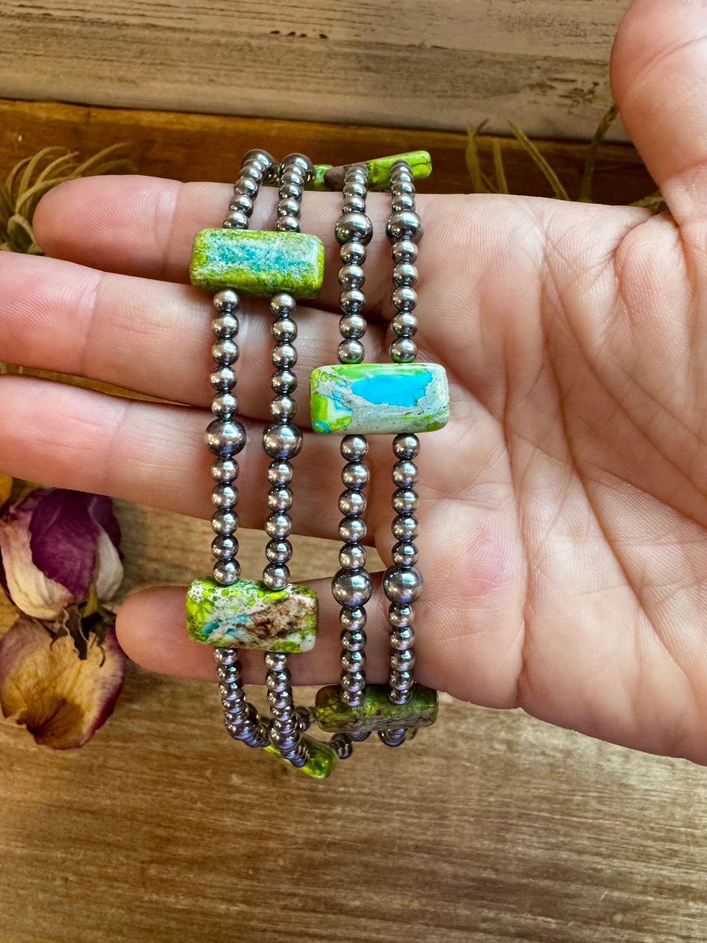 *NO CODES* Green/Blue Double Strand Necklace – 13” Beaded – Sterling Silver Pearls & Rectangle Variscite Turquoise