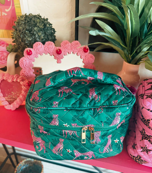 Green W/Pink Leopard Quilted Puffer Makeup Bag