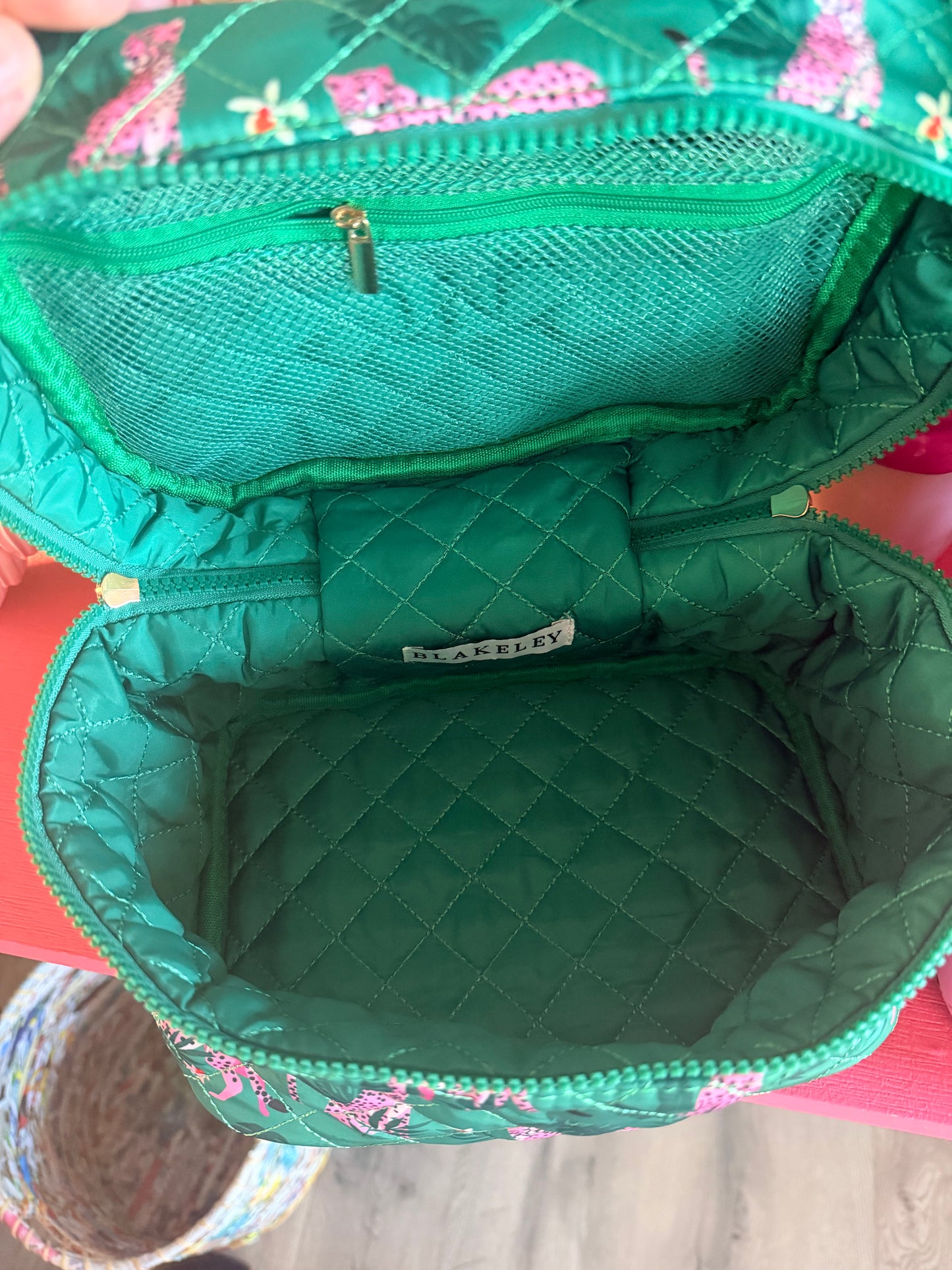 Green W/Pink Leopard Quilted Puffer Makeup Bag
