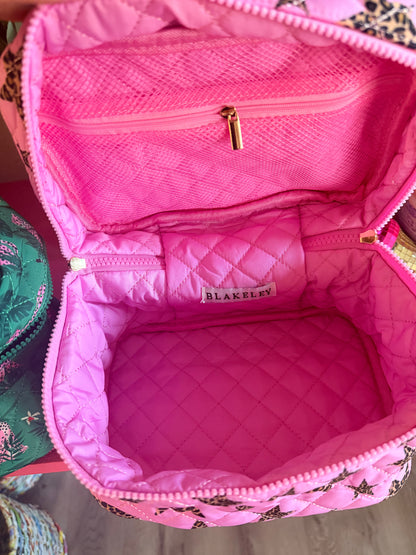 Hot Pink W/Cheetah Stars Quilted Puffer Makeup Bag