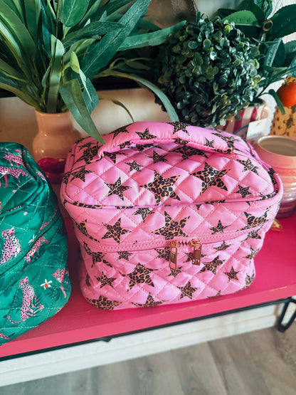 Hot Pink W/Cheetah Stars Quilted Puffer Makeup Bag