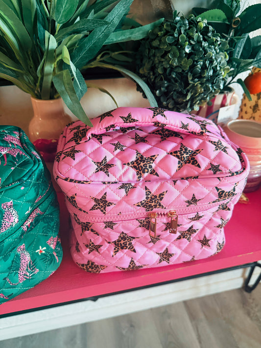 Hot Pink W/Cheetah Stars Quilted Puffer Makeup Bag