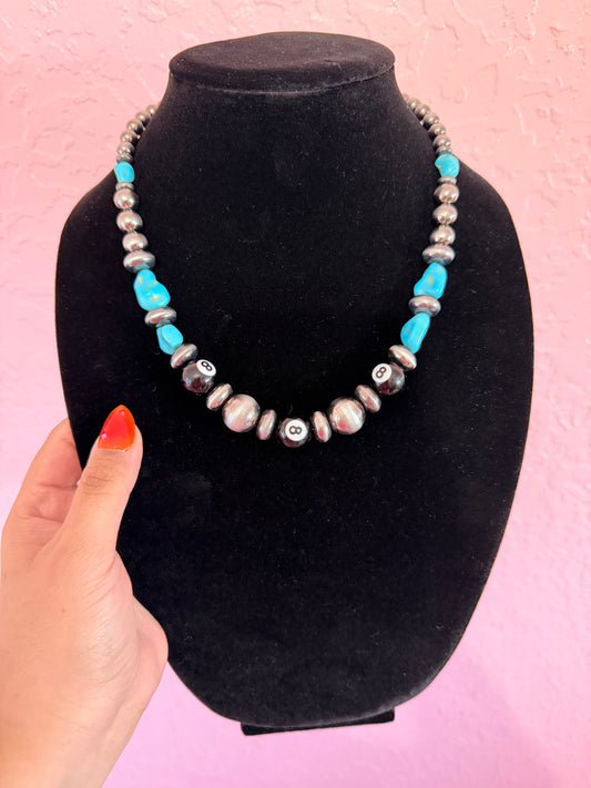 Midnight Eight Turquoise & Silver Beaded Necklace