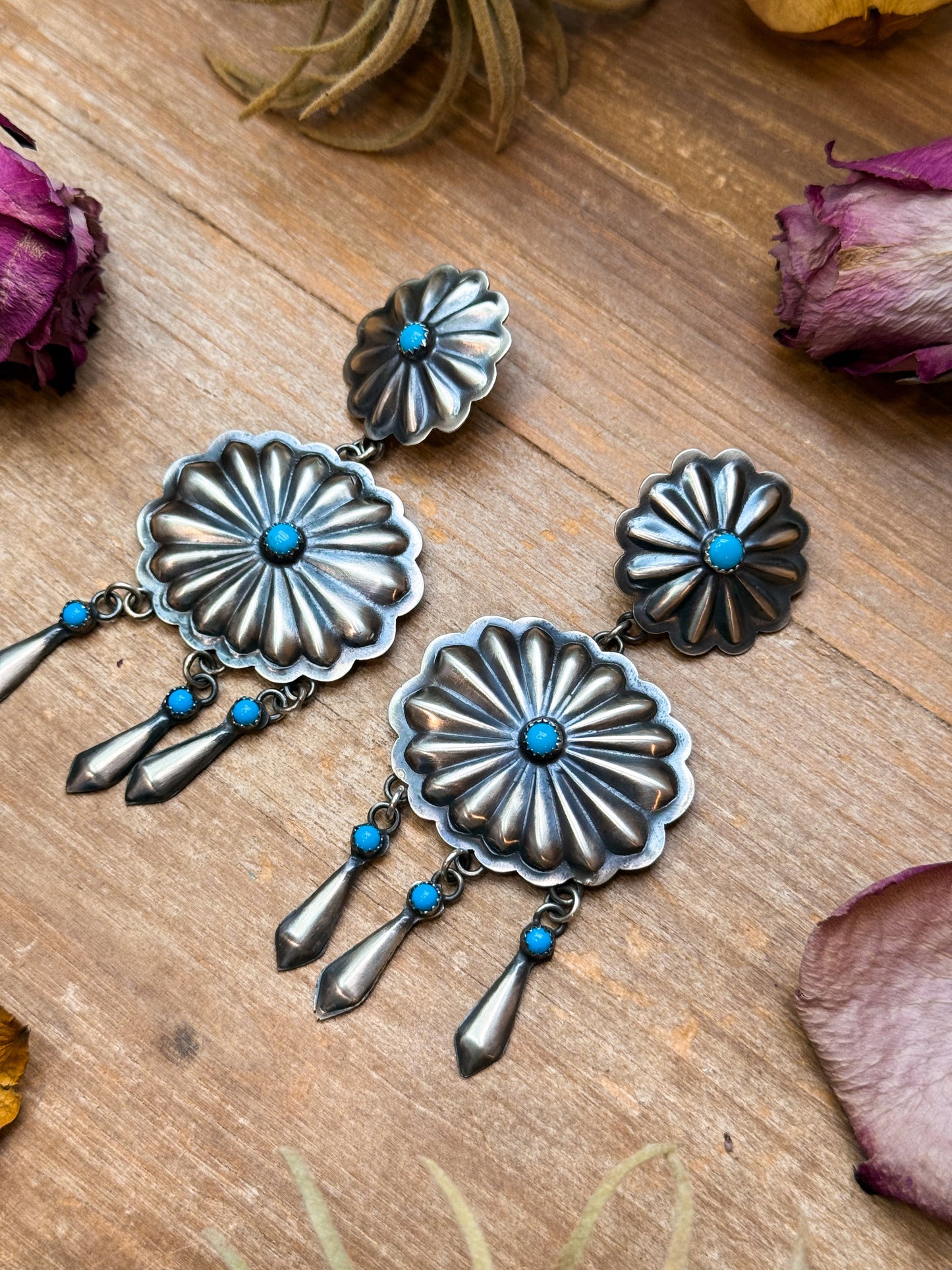 Sterling Silver Kingman Turquoise Dangle Earrings – Native Made by Cordelo Chee